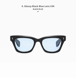 Detail view of stylish bright black frames with light blue lenses and silver accents