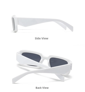 Seiten- und Rückansicht der modernen weißen rechteckigen Sonnenbrille mit dunklen Gläsern