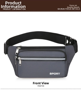 Detail of waterproof dark grey sports waist bag with three zipper pockets and reflective strip