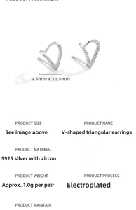 Detailed size and specs of V-shaped S925 silver stud earrings with cubic zirconia
