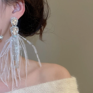 Close-up of sparkling rhinestone tassels and white feathers on long drop earrings