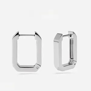 Minimalist silver rectangular geometric hoop earrings with a polished metallic finish