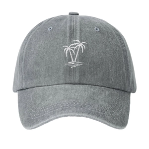 Vintage washed grey cotton baseball cap with white palm tree embroidery for outdoor wear