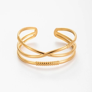 Gold stainless steel open bangle with triple-layered intertwined hammered texture
