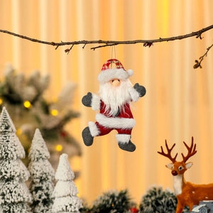Detail of Santa plush ornament with red velvet and faux fur hanging on a branch