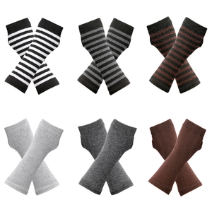 Knitted fingerless long arm warmers set featuring striped and solid multi-color designs