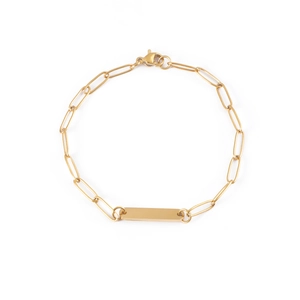 Gold stainless steel paperclip chain bracelet with a polished rectangular bar pendant