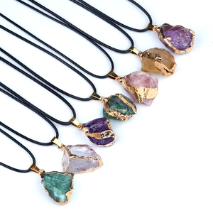 Natural Raw Stone Pendant Necklace Irregular Healing Crystal Amethyst Citrine Gold Silver Plated Edging Black Rope Jewelry
