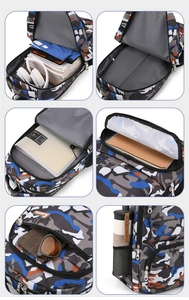 Detail view of multi-compartment camo backpack showing storage pockets and main interior