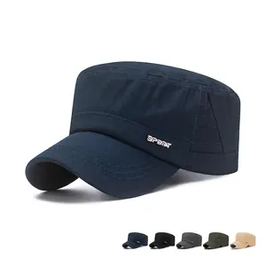 Men Cotton Flat Top Cadet Cap With Sport Metal Badge Adjustable Sun Protection Military Style Casual Hat