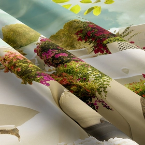 Detailed close-up of landscape tapestry showing vivid bougainvillea and fabric texture