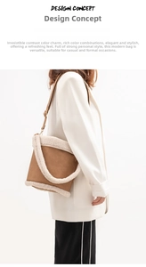 Side view of brown faux suede bucket bag with white faux fur trim and adjustable strap