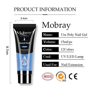 Dettaglio macro del tubetto di gel acrilico Mobray 15ml con dimensioni e certificati