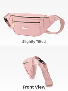 Detailed views of a pink nylon sports fanny pack with golden zippers and adjustable strap
