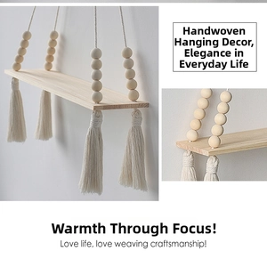 Detail of hand-woven cotton rope texture and natural wood shelf for wall decor