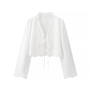 Retro white long sleeve shirt with floral embroidery and ruffle trim details