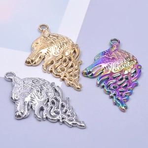 Polished wolf head charms in gold, silver, and rainbow stainless steel for DIY jewelry