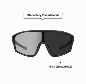 Detail view showing photochromic sports sunglasses lens color change from clear to grey
