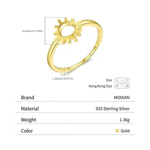 Minimalist s925 silver sun ring in gold finish with dimensions and technical specifications