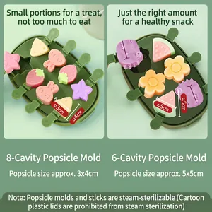 Silicone cartoon popsicle molds with lid and handles in 8 and 6 cavity designs