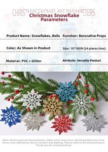 Close-up of 10cm glittery PVC snowflakes for Christmas tree hanging decoration