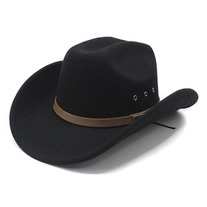 Classic black wool western cowboy hat with brown leather band and metal vents