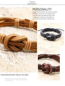 Close-up of handmade woven leather bracelets with figure-eight knots in three colors