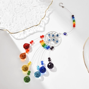 Detailed view of silver tree of life suncatcher with rainbow crystals and evil eye beads