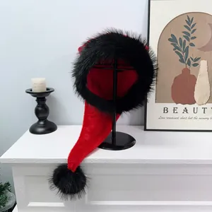 Long Christmas Hat Red And Black Plush Velvet Holiday Party Accessory For Adult Faux Fur Pom Pom Unique