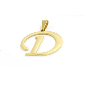 Detailed macro view of gold-plated stainless steel letter D pendant with jump ring