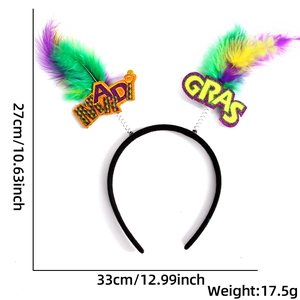 Detail view of Mardi Gras headband with purple feathers and dimensions 27x33cm