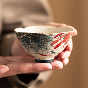 Ceramic Teacup Handmade Blue And White Flint Red Hand Painted Lotus Koi Carp Gold Traced Master Kung Fu Tea Bowl Vintage