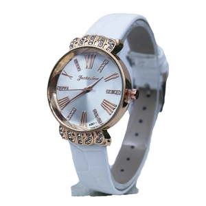 Women's quartz watch with white crocodile strap, rose gold case and rhinestone accents
