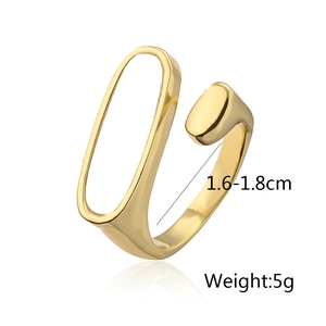 Detailed view of irregular geometric gold-plated open ring with size and weight specs