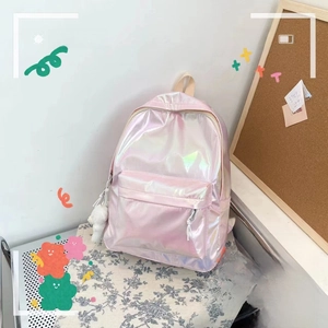 Pink laser reflective school backpack for girls with holographic shine and front pocket