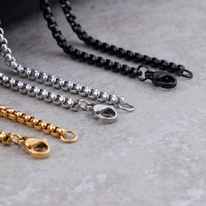 Polished stainless steel square bead chain necklaces in black, silver, and gold finishes
