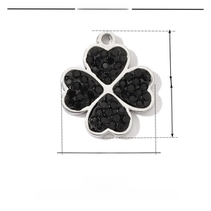 Detailed size specifications for the silver clover pendant with black rhinestones