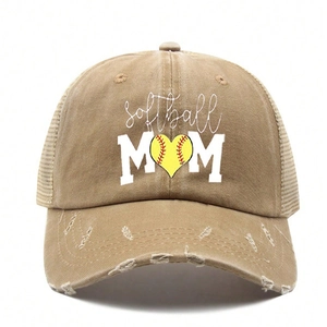 Distressed khaki softball MOM trucker hat with heart graphic and mesh back for women