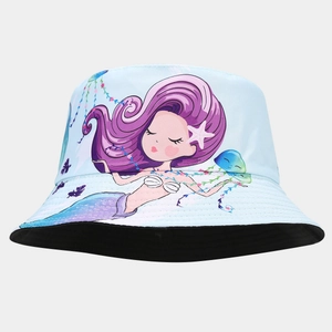 Detail of light blue bucket hat featuring colorful mermaid print and jellyfish motifs
