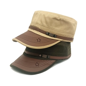 Flat top military caps in khaki and olive green canvas with leather brim and star embroidery