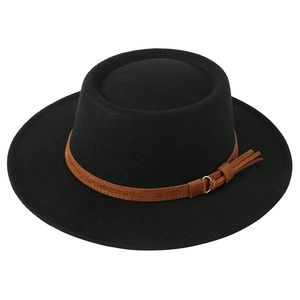 Classic black wool felt fedora hat with wide brim and brown faux suede tassel band