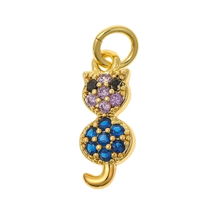 Golden cat pendant charm with colorful zircon stones for DIY jewelry making and bracelets
