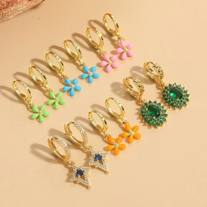 Vintage Copper Enamel Flower Drop Earrings For Women Elegant Gold Plated Zirconia Star Floral Earrings Niche Jewelry