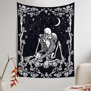 Gothic skull lovers kissing tapestry with roses and crescent moon wall hanging decor
