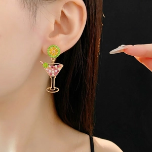 Vintage cocktail glass earrings with lemon stud and pink rhinestones on gold plating