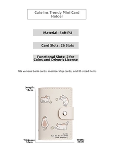 Detailed spec view of the cute cat card holder showing soft PU leather and 26 slots