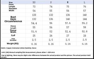 Detailed size chart for women's poplin shirt showing measurements in centimeters