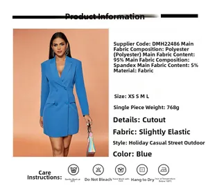 Blue double-breasted blazer dress with side cut-outs and detailed fabric composition