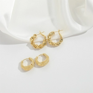 Golden square hoop earrings with twisted rope design and textured matte finish details