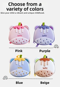 Detail view of cartoon mangosteen shaped kid backpack with lucky print in four colors